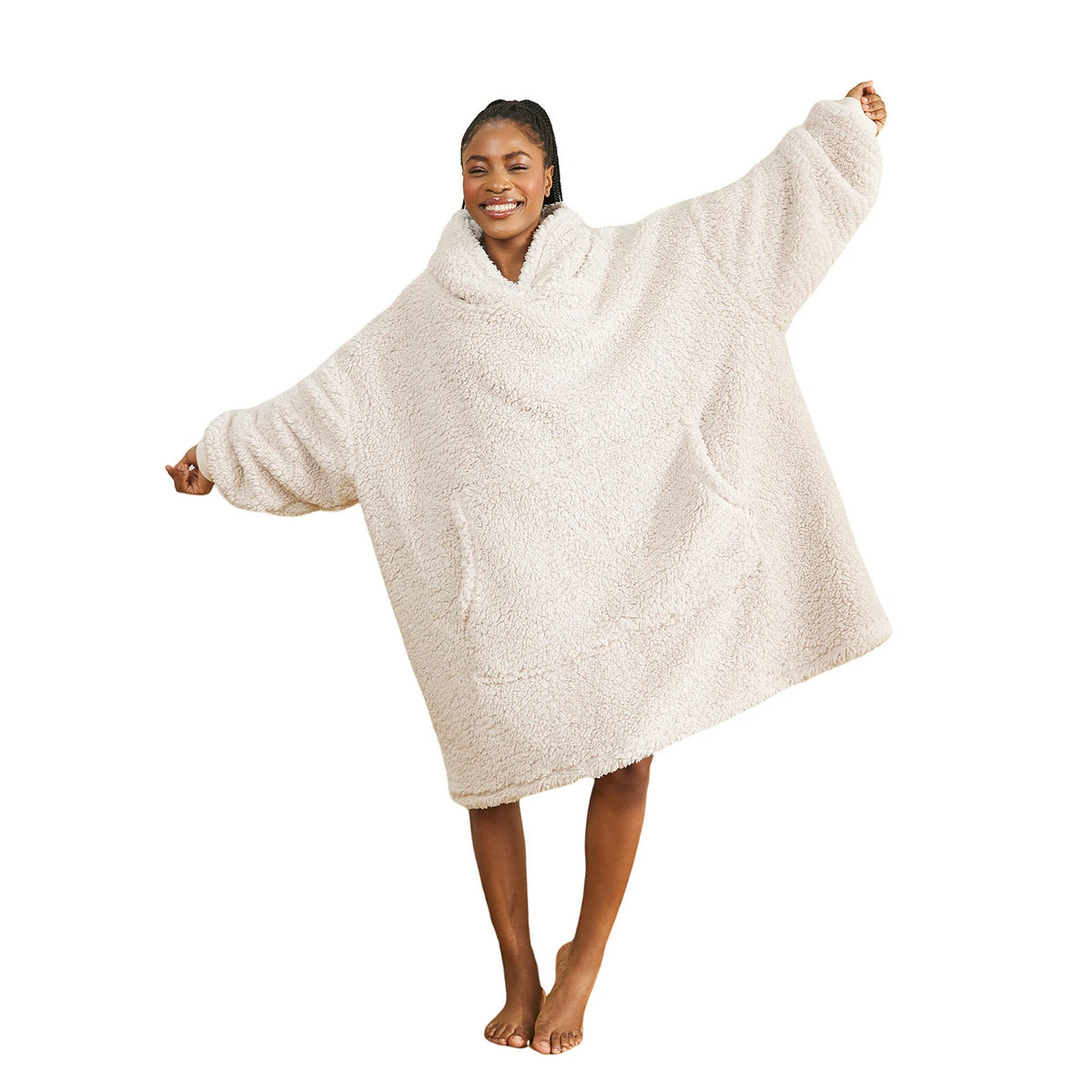 Beige wearable sherpa hoodie with roomy kangaroo pocket