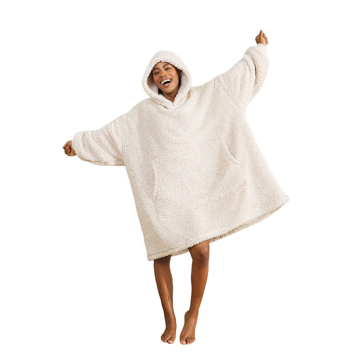 Beige warm wearable blanket hoodie with sherpa fleece
