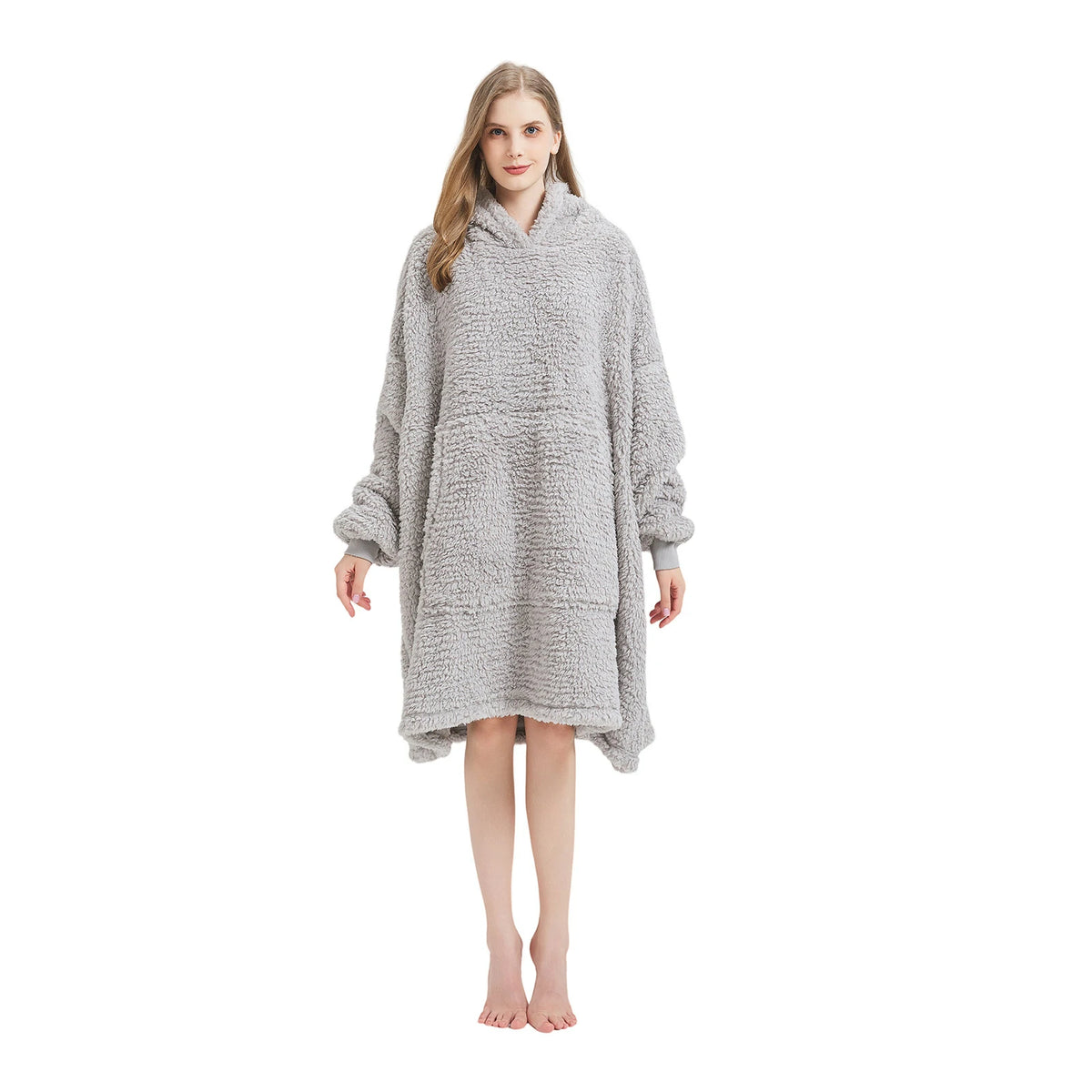 Gray wearable sherpa hoodie with roomy kangaroo pocket