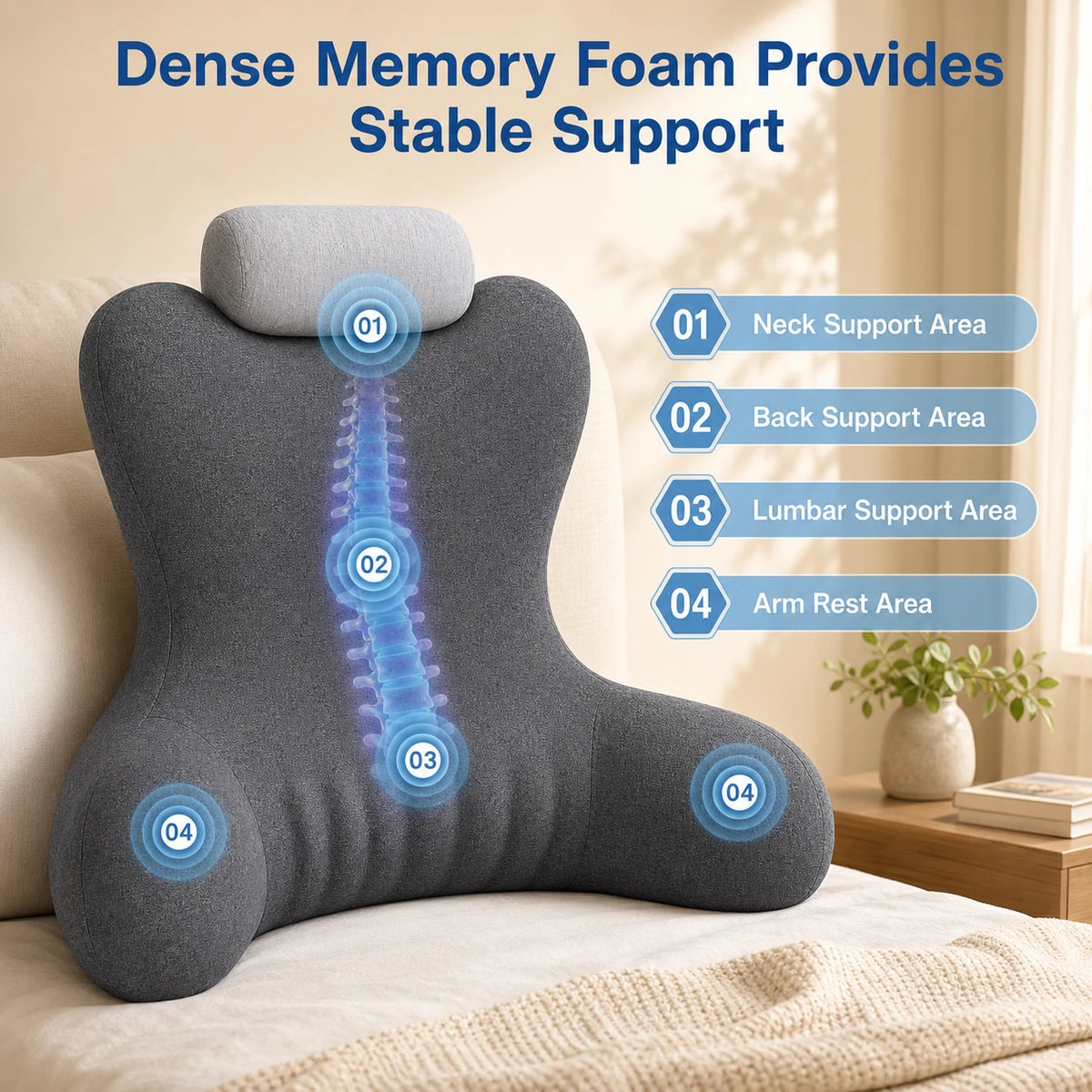 Prevalucent Reading Pillow for Bed, Memory Foam Backrest Pillow with Arms