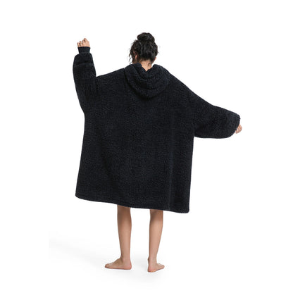 Black sherpa fleece wearable blanket for cozy lounging