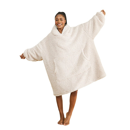 Beige wearable sherpa hoodie with roomy kangaroo pocket
