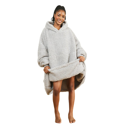Gray oversized wearable blanket with hood and pocket