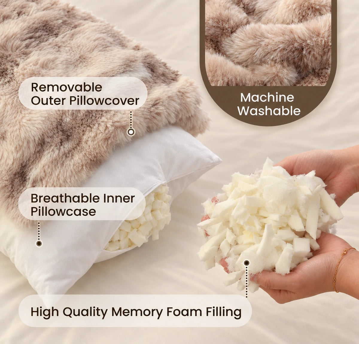 Dual-sided body pillow with faux fur and smooth velvet cover
