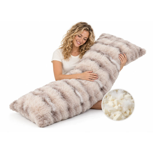 Faux fur body pillow with shredded memory foam for bed