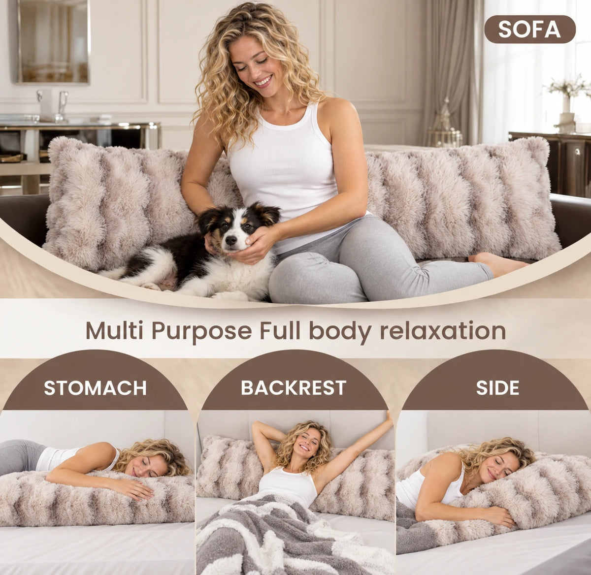 Faux fur body pillow with removable washable zippered cover
